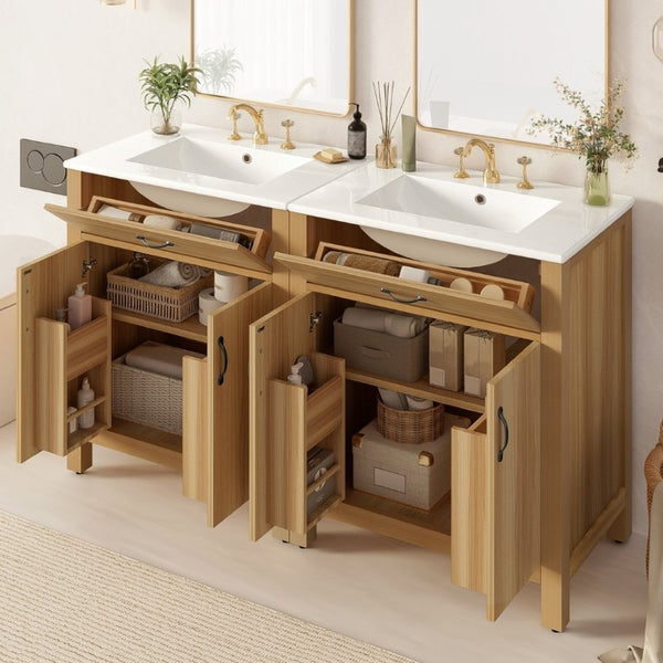 English Elm 60 Inch Freestanding Bathroom Vanity Solid Wood MDF Frame Soft Close Storage Cabinet N729P000020N