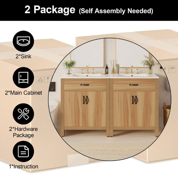 English Elm 60 Inch Freestanding Bathroom Vanity Solid Wood MDF Frame Soft Close Storage Cabinet N729P000020N