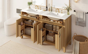 English Elm 60 Inch Freestanding Bathroom Vanity Solid Wood MDF Frame Soft Close Storage Cabinet N729P000020N