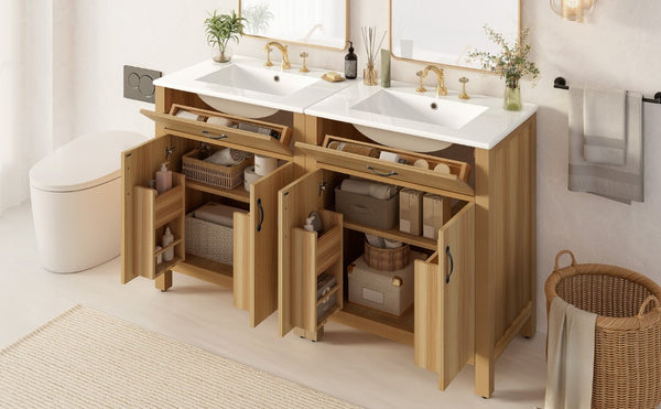 English Elm 60 Inch Freestanding Bathroom Vanity Solid Wood MDF Frame Soft Close Storage Cabinet N729P000020N