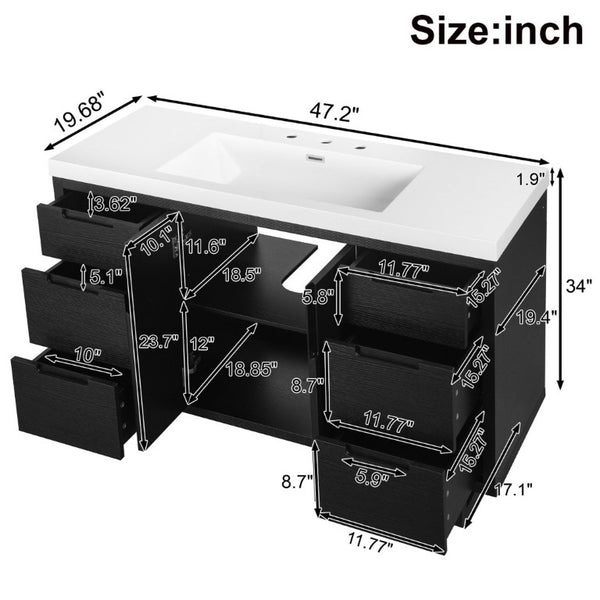 English Elm Video 47 Inch Freestanding Bathroom Vanity Six Drawer MDF Cabinet with SMC Resin Sink Top N729P000021B