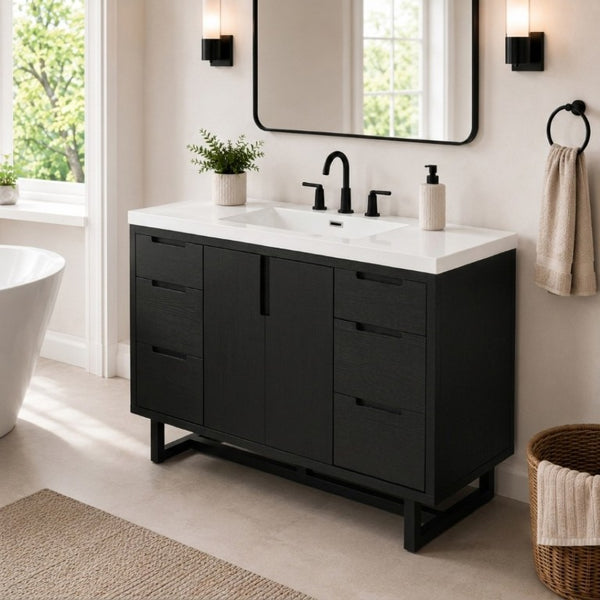 English Elm Video 47 Inch Freestanding Bathroom Vanity Six Drawer MDF Cabinet with SMC Resin Sink Top N729P000021B