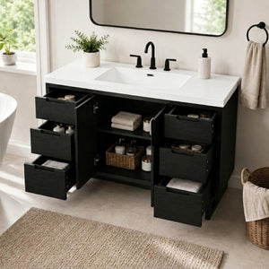 English Elm Video 47 Inch Freestanding Bathroom Vanity Six Drawer MDF Cabinet with SMC Resin Sink Top N729P000021B