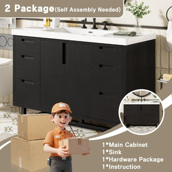 English Elm Video 47 Inch Freestanding Bathroom Vanity Six Drawer MDF Cabinet with SMC Resin Sink Top N729P000021B