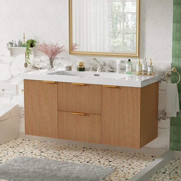 English Elm Video]47.24 Inch Floating Bathroom Vanity with SMC Sink and Wood Grain MDF Cabinet N729P000024N-1