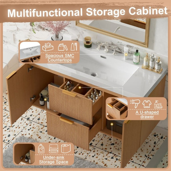 English Elm Video]47.24 Inch Floating Bathroom Vanity with SMC Sink and Wood Grain MDF Cabinet N729P000024N-1
