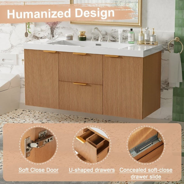 English Elm Video]47.24 Inch Floating Bathroom Vanity with SMC Sink and Wood Grain MDF Cabinet N729P000024N-1