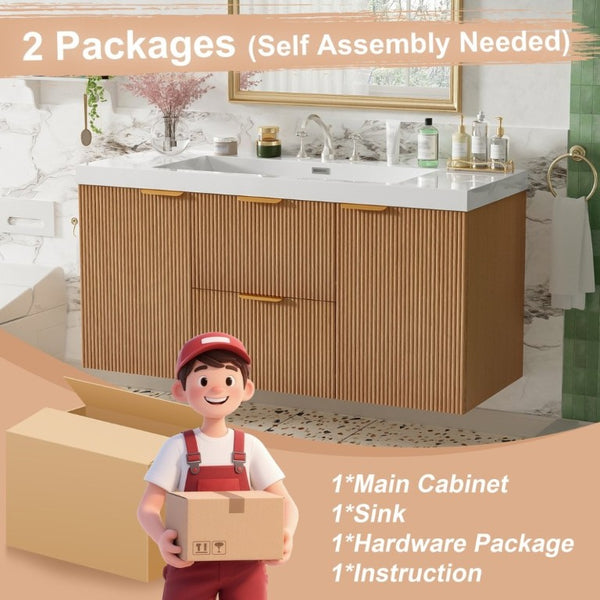 English Elm Video]47.24 Inch Floating Bathroom Vanity with SMC Sink and Wood Grain MDF Cabinet N729P000024N-1