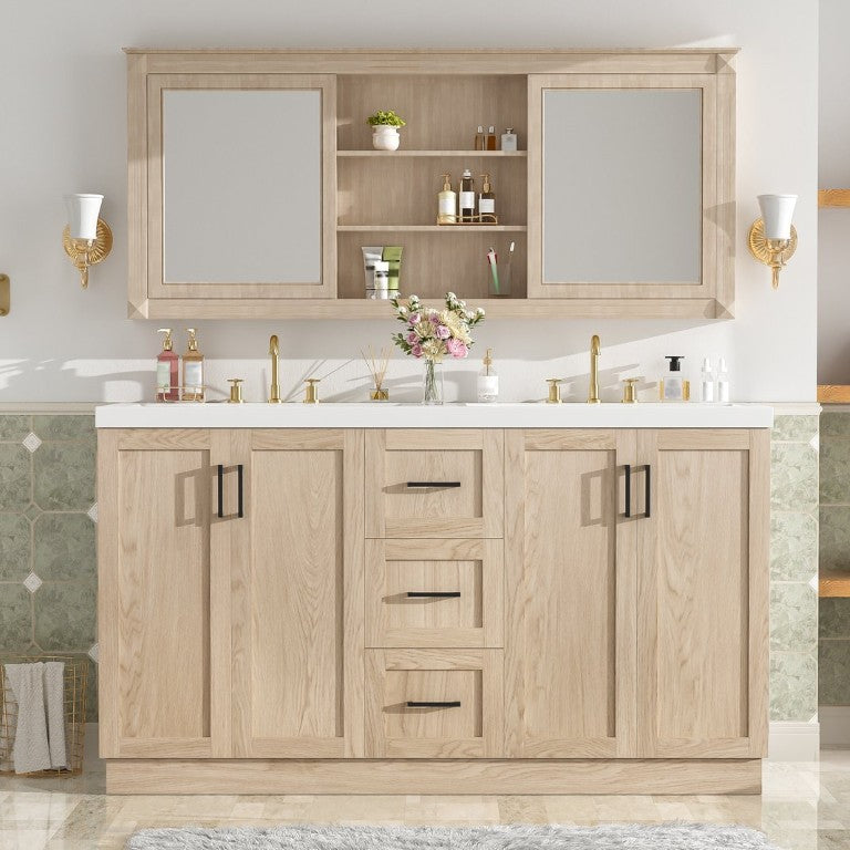 English Elm Viedo]59 Inch Freestanding Double Sink Vanity Wood Grain MDF with Soft Close Storage N729P000035N