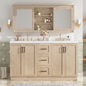 English Elm Viedo]59 Inch Freestanding Double Sink Vanity Wood Grain MDF with Soft Close Storage N729P000035N