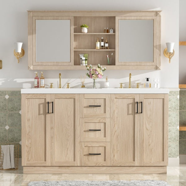 English Elm Viedo]59 Inch Freestanding Double Sink Vanity Wood Grain MDF with Soft Close Storage N729P000035N