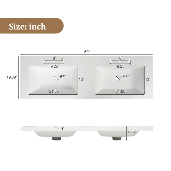 English Elm Viedo]59 Inch Freestanding Double Sink Vanity Wood Grain MDF with Soft Close Storage N729P000035N