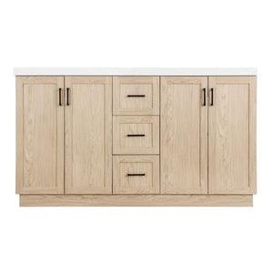 English Elm Viedo]59 Inch Freestanding Double Sink Vanity Wood Grain MDF with Soft Close Storage N729P000035N