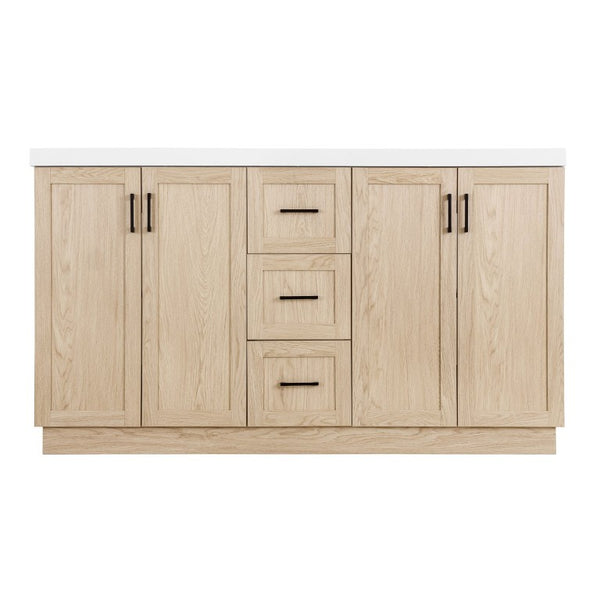 English Elm Viedo]59 Inch Freestanding Double Sink Vanity Wood Grain MDF with Soft Close Storage N729P000035N