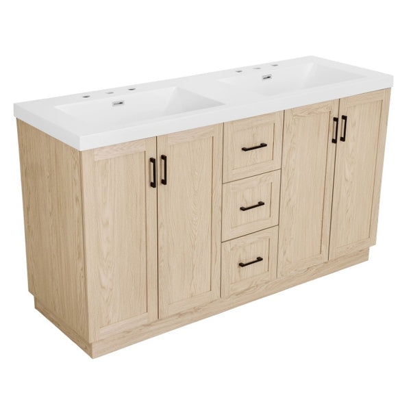 English Elm Viedo]59 Inch Freestanding Double Sink Vanity Wood Grain MDF with Soft Close Storage N729P000035N