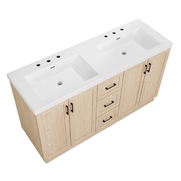 English Elm Viedo]59 Inch Freestanding Double Sink Vanity Wood Grain MDF with Soft Close Storage N729P000035N