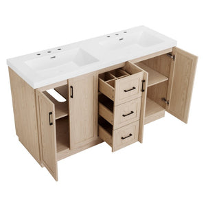 English Elm Viedo]59 Inch Freestanding Double Sink Vanity Wood Grain MDF with Soft Close Storage N729P000035N