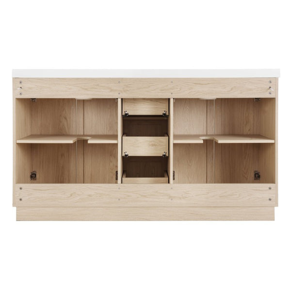 English Elm Viedo]59 Inch Freestanding Double Sink Vanity Wood Grain MDF with Soft Close Storage N729P000035N
