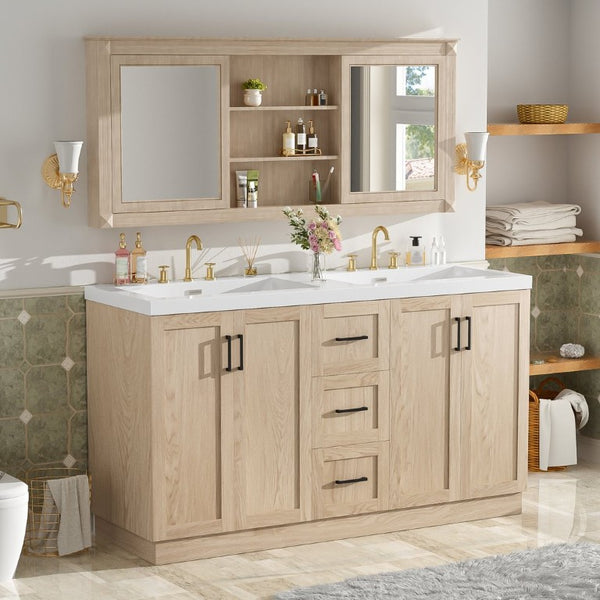English Elm Viedo]59 Inch Freestanding Double Sink Vanity Wood Grain MDF with Soft Close Storage N729P000035N