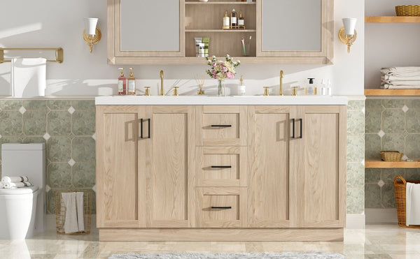 English Elm Viedo]59 Inch Freestanding Double Sink Vanity Wood Grain MDF with Soft Close Storage N729P000035N