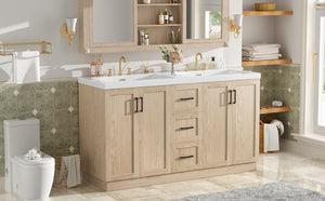 English Elm Viedo]59 Inch Freestanding Double Sink Vanity Wood Grain MDF with Soft Close Storage N729P000035N
