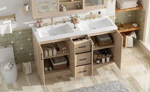 English Elm Viedo]59 Inch Freestanding Double Sink Vanity Wood Grain MDF with Soft Close Storage N729P000035N