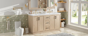 English Elm Viedo]59 Inch Freestanding Double Sink Vanity Wood Grain MDF with Soft Close Storage N729P000035N