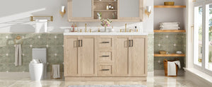 English Elm Viedo]59 Inch Freestanding Double Sink Vanity Wood Grain MDF with Soft Close Storage N729P000035N