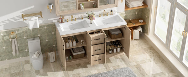 English Elm Viedo]59 Inch Freestanding Double Sink Vanity Wood Grain MDF with Soft Close Storage N729P000035N