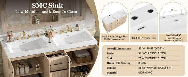 English Elm Viedo]59 Inch Freestanding Double Sink Vanity Wood Grain MDF with Soft Close Storage N729P000035N