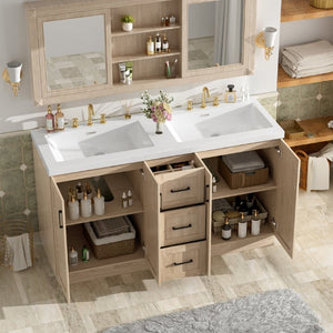 English Elm Viedo]59 Inch Freestanding Double Sink Vanity Wood Grain MDF with Soft Close Storage N729P000035N