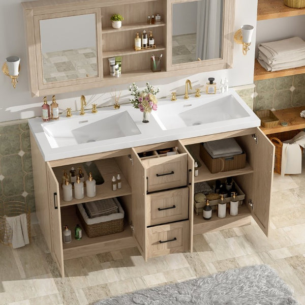 English Elm Viedo]59 Inch Freestanding Double Sink Vanity Wood Grain MDF with Soft Close Storage N729P000035N
