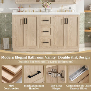 English Elm Viedo]59 Inch Freestanding Double Sink Vanity Wood Grain MDF with Soft Close Storage N729P000035N