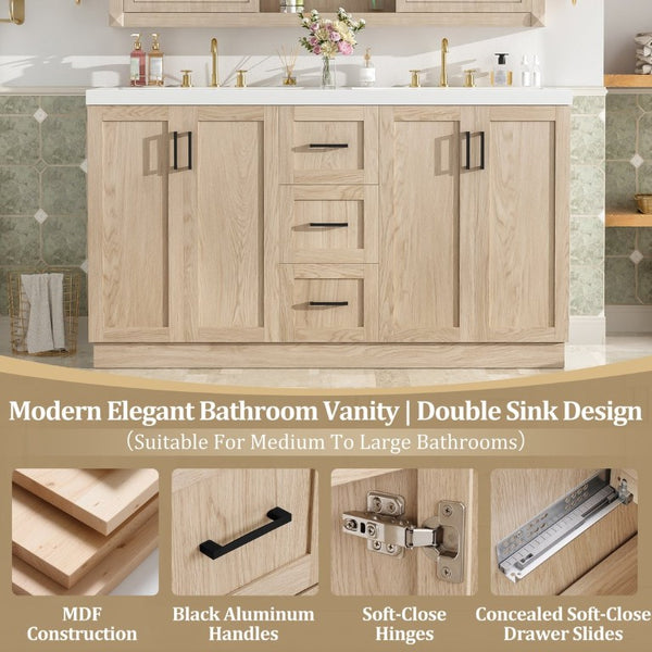 English Elm Viedo]59 Inch Freestanding Double Sink Vanity Wood Grain MDF with Soft Close Storage N729P000035N
