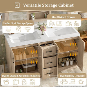 English Elm Viedo]59 Inch Freestanding Double Sink Vanity Wood Grain MDF with Soft Close Storage N729P000035N