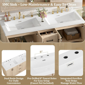English Elm Viedo]59 Inch Freestanding Double Sink Vanity Wood Grain MDF with Soft Close Storage N729P000035N