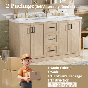 English Elm Viedo]59 Inch Freestanding Double Sink Vanity Wood Grain MDF with Soft Close Storage N729P000035N