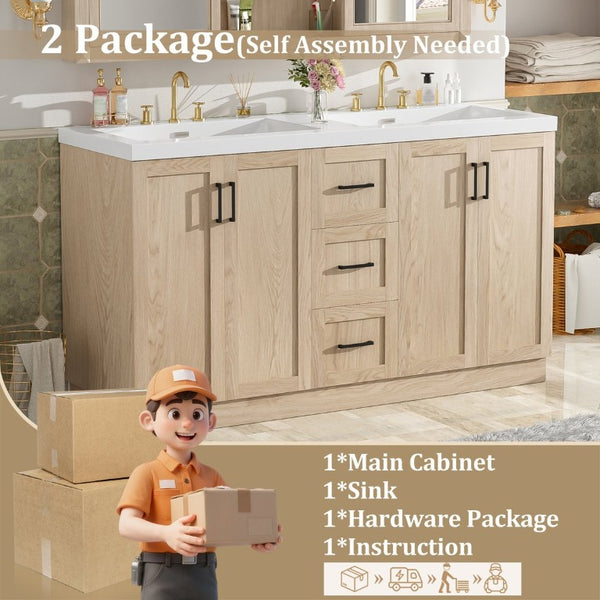 English Elm Viedo]59 Inch Freestanding Double Sink Vanity Wood Grain MDF with Soft Close Storage N729P000035N