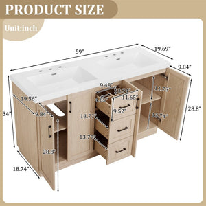 English Elm Viedo]59 Inch Freestanding Double Sink Vanity Wood Grain MDF with Soft Close Storage N729P000035N