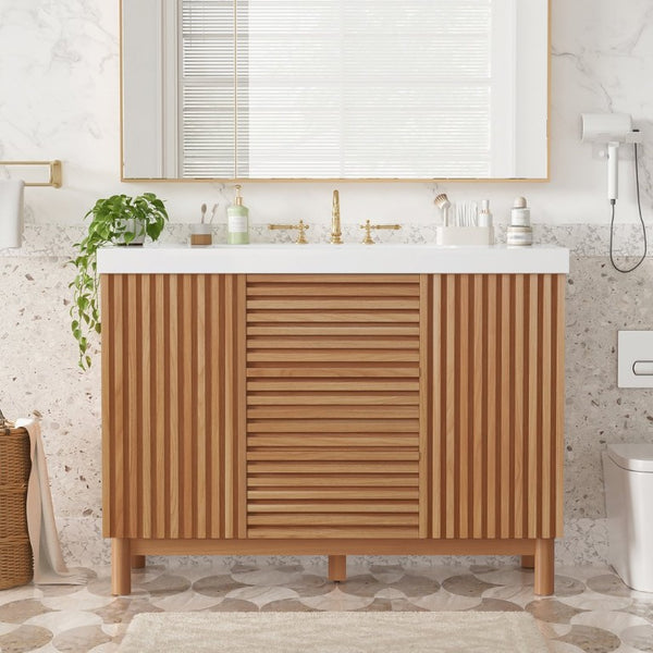 English Elm Video]47.2-Inch Bathroom Vanity SMC Resin Sink Rubberwood Legs Soft-Close Modern N729P000036N