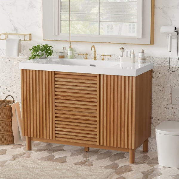 English Elm Video]47.2-Inch Bathroom Vanity SMC Resin Sink Rubberwood Legs Soft-Close Modern N729P000036N