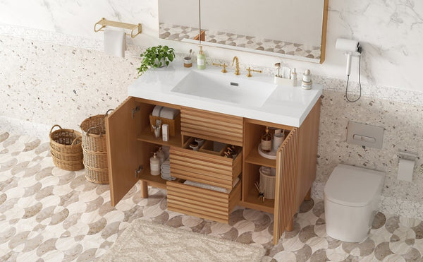 English Elm Video]47.2-Inch Bathroom Vanity SMC Resin Sink Rubberwood Legs Soft-Close Modern N729P000036N