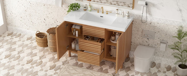 English Elm Video]47.2-Inch Bathroom Vanity SMC Resin Sink Rubberwood Legs Soft-Close Modern N729P000036N