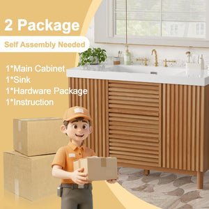 English Elm Video]47.2-Inch Bathroom Vanity SMC Resin Sink Rubberwood Legs Soft-Close Modern N729P000036N