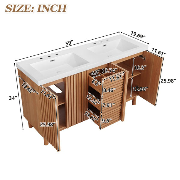 English Elm Viedo]59-Inch Freestanding Double Sink Vanity with Rubberwood Legs and Soft Close Doors Let Me Count: = 13, Then Space, = 12, = 6, = 4, = 6, = 4, = 10, = 4, and = 3, Wood 59 inches N729P000037N
