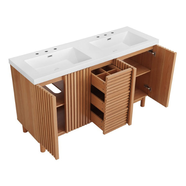 English Elm Viedo]59-Inch Freestanding Double Sink Vanity with Rubberwood Legs and Soft Close Doors Let Me Count: = 13, Then Space, = 12, = 6, = 4, = 6, = 4, = 10, = 4, and = 3, Wood 59 inches N729P000037N