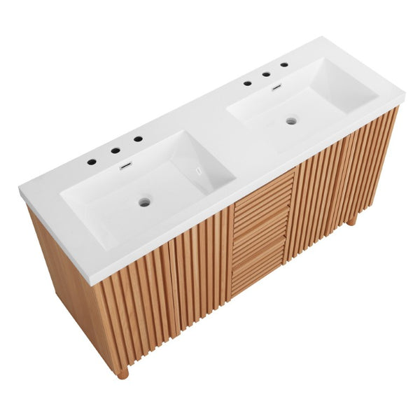 English Elm Viedo]59-Inch Freestanding Double Sink Vanity with Rubberwood Legs and Soft Close Doors Let Me Count: = 13, Then Space, = 12, = 6, = 4, = 6, = 4, = 10, = 4, and = 3, Wood 59 inches N729P000037N