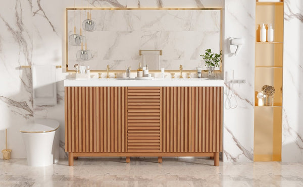 English Elm Viedo]59-Inch Freestanding Double Sink Vanity with Rubberwood Legs and Soft Close Doors Let Me Count: = 13, Then Space, = 12, = 6, = 4, = 6, = 4, = 10, = 4, and = 3, Wood 59 inches N729P000037N