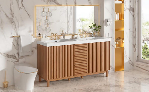 English Elm Viedo]59-Inch Freestanding Double Sink Vanity with Rubberwood Legs and Soft Close Doors Let Me Count: = 13, Then Space, = 12, = 6, = 4, = 6, = 4, = 10, = 4, and = 3, Wood 59 inches N729P000037N