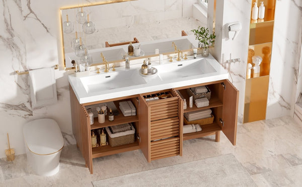 English Elm Viedo]59-Inch Freestanding Double Sink Vanity with Rubberwood Legs and Soft Close Doors Let Me Count: = 13, Then Space, = 12, = 6, = 4, = 6, = 4, = 10, = 4, and = 3, Wood 59 inches N729P000037N